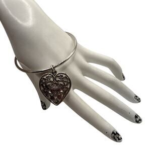 Vintage Juicy Couture Floral Filigree Heart Bangle – Silver Tone & Rhinestone